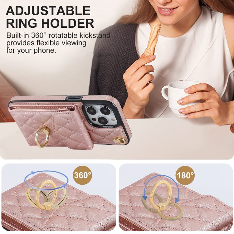 For iPhone 15 Pro Max Rhombic Texture Card Bag Phone Case with Long Lanyard(Rose Gold) - free shipping - PMC TechLife - Order now!