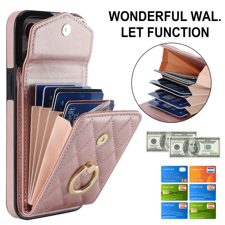 For iPhone 15 Pro Max Rhombic Texture Card Bag Phone Case with Long Lanyard(Rose Gold) - free shipping - PMC TechLife - Order now!