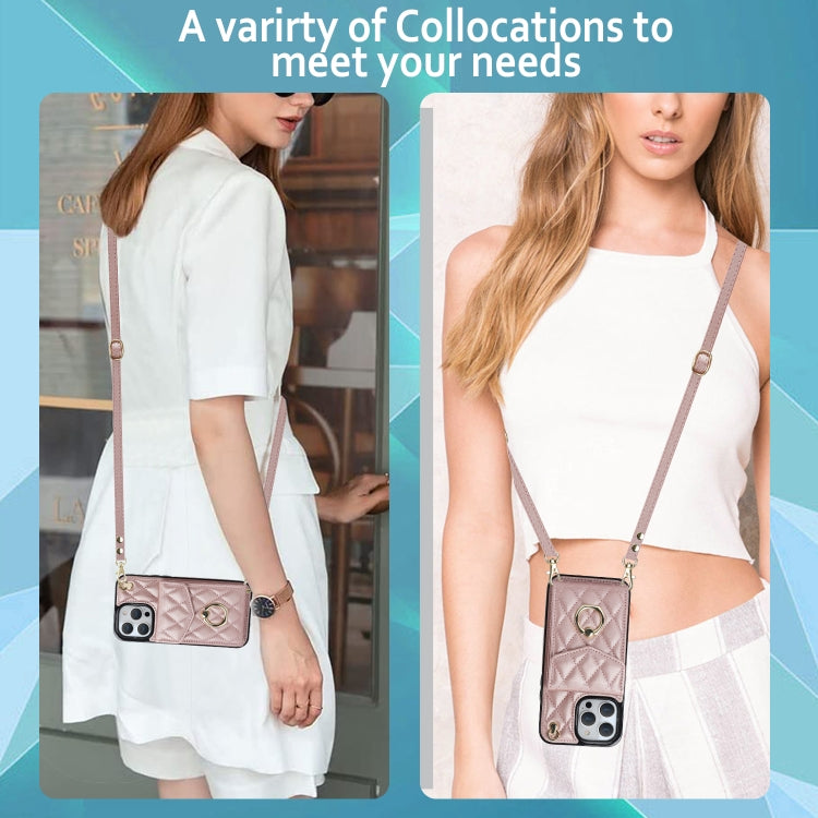 For iPhone 15 Pro Max Rhombic Texture Card Bag Phone Case with Long Lanyard(Rose Gold) - free shipping - PMC TechLife - Order now!