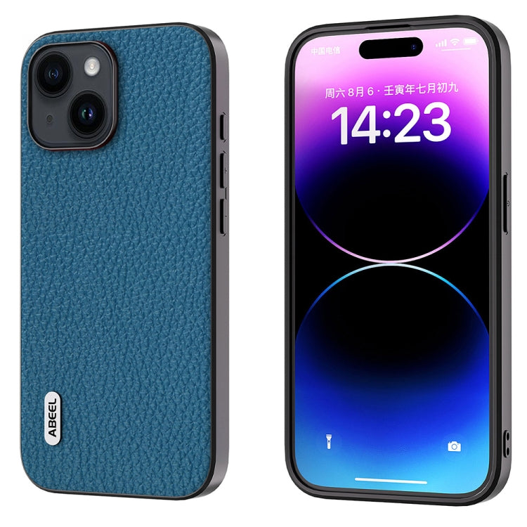 For iPhone 15 Plus ABEEL Genuine Leather Litchi Texture Phone Case(Blue) - free shipping - PMC TechLife - Order now!