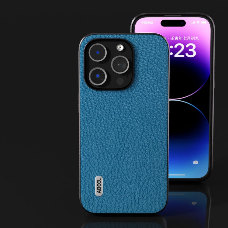 For iPhone 15 Plus ABEEL Genuine Leather Litchi Texture Phone Case(Blue) - free shipping - PMC TechLife - Order now!