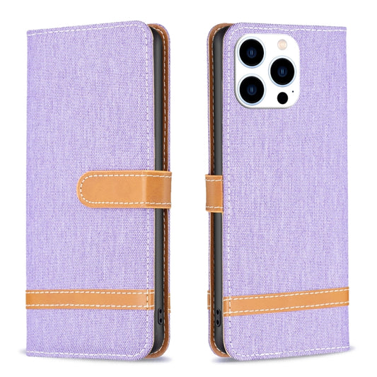 For iPhone 15 Pro Color Block Denim Texture Leather Phone Case(Purple) - iPhone 15 Pro Cases by PMC Jewellery | Online Shopping South Africa | PMC Jewellery