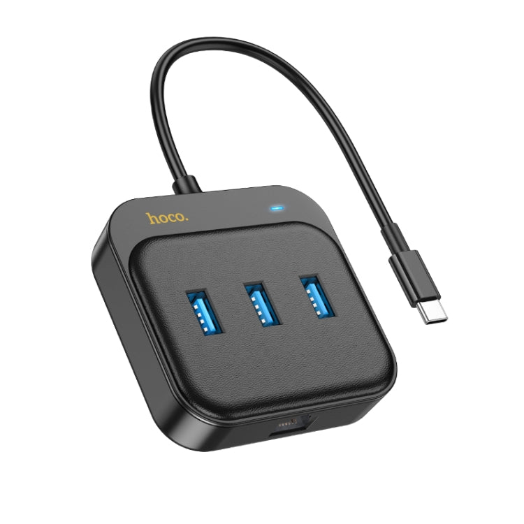 hoco HB35 4 in 1 USB-C / Type-C to USB3.0x3+RJ45 Gigabit Ethernet Adapter, Cable Length: 0.2m(Black) - USB Network Adapter by hoco | Online Shopping South Africa | PMC Jewellery