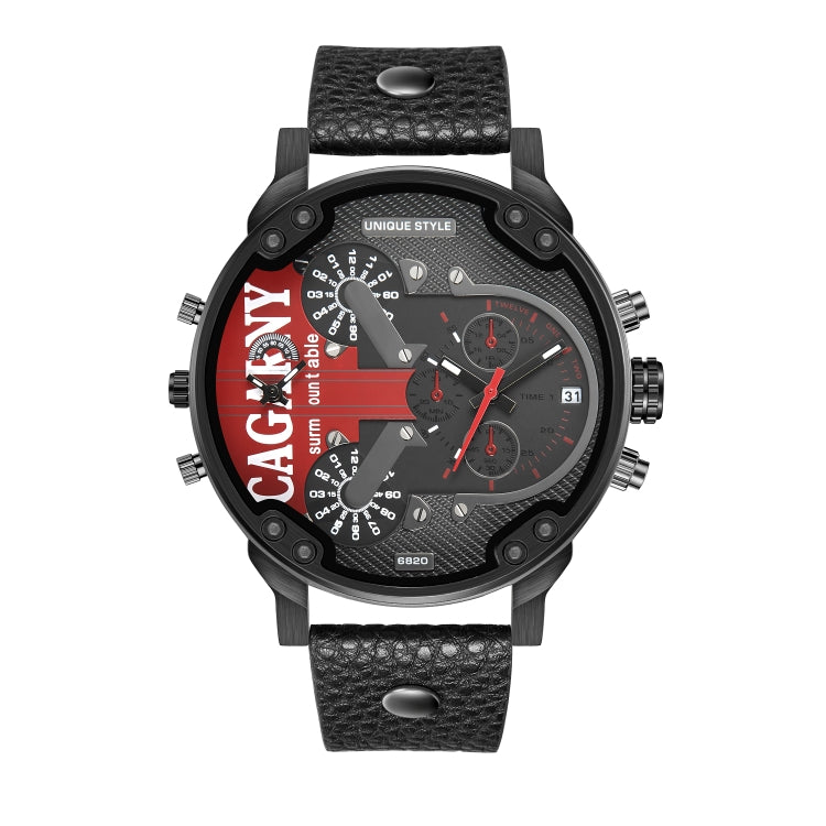 CAGARNY 6820 Men Dual Movement Red Face Leather Strap Quartz Watch(Black) - Leather Strap Watches by PMC Jewellery | Online Shopping South Africa | PMC Jewellery