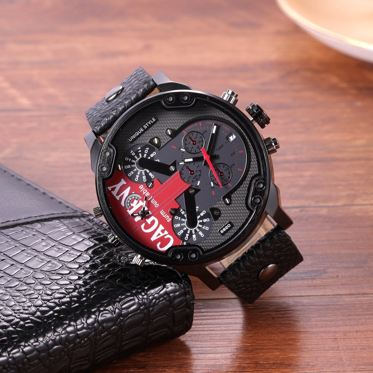 CAGARNY 6820 Men Dual Movement Red Face Leather Strap Quartz Watch(Black) - Leather Strap Watches by PMC Jewellery | Online Shopping South Africa | PMC Jewellery