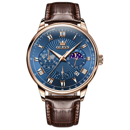 OLEVS 2893 Men Multifunctional Business Quartz Watch(Brown + Blue) - Leather Strap Watches by OLEVS | Online Shopping South Africa | PMC Jewellery | Buy Now Pay Later Mobicred