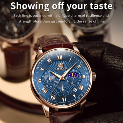 OLEVS 2893 Men Multifunctional Business Quartz Watch(Brown + Blue) - Leather Strap Watches by OLEVS | Online Shopping South Africa | PMC Jewellery | Buy Now Pay Later Mobicred