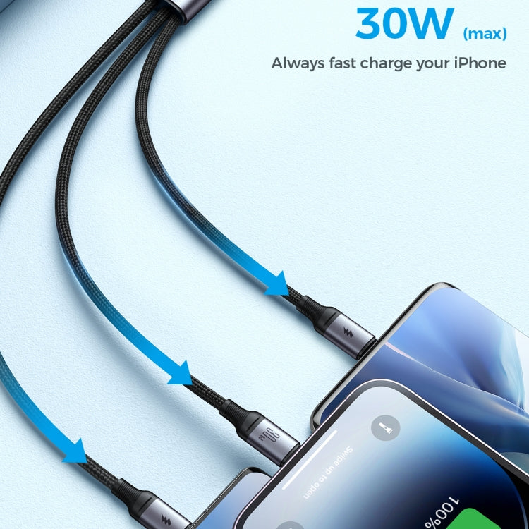 JOYROOM A21 30W Type-C to 8 Pin+Type-C+Micro USB 3 in 1 Charging Cable, Length: 1.2m(Black) - Multifunction Cable by JOYROOM | Online Shopping South Africa | PMC TechLife | Buy Now Pay Later Mobicred