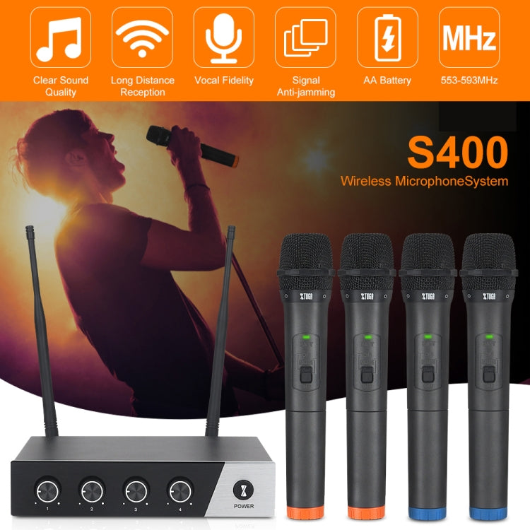 XTUGA S400 Professional 4-Channel UHF Wireless Microphone System with 4 Handheld Microphone(AU Plug) - Microphone by XTUGA | Online Shopping South Africa | PMC TechLife