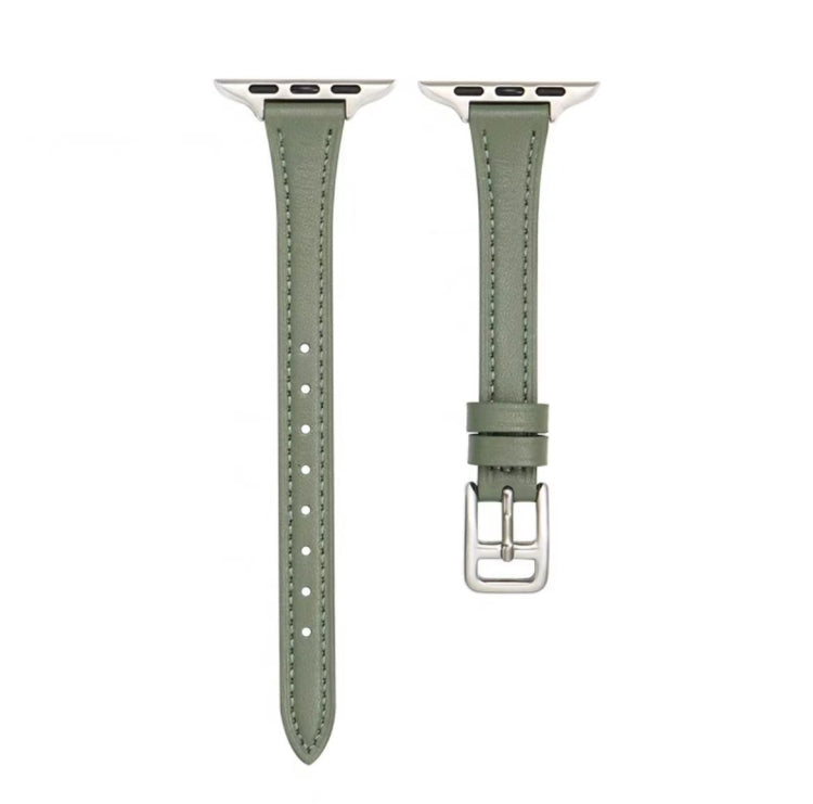 For Apple Watch 9 45mm T-shaped Slim Genuine Leather Watch Band(Light Green) - Watch Bands by PMC TechLife | Online Shopping South Africa | PMC TechLife