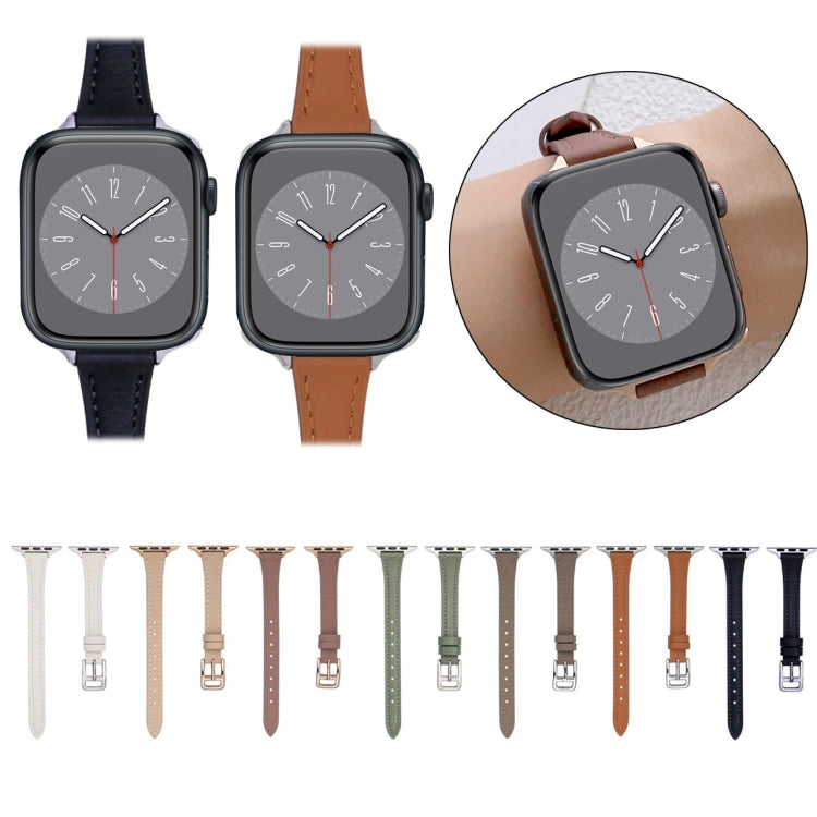 For Apple Watch 9 41mm T-shaped Slim Genuine Leather Watch Band(Dark Brown) - Watch Bands by PMC TechLife | Online Shopping South Africa | PMC TechLife