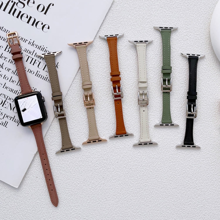 For Apple Watch 9 41mm T-shaped Slim Genuine Leather Watch Band(Black) - Watch Bands by PMC TechLife | Online Shopping South Africa | PMC TechLife