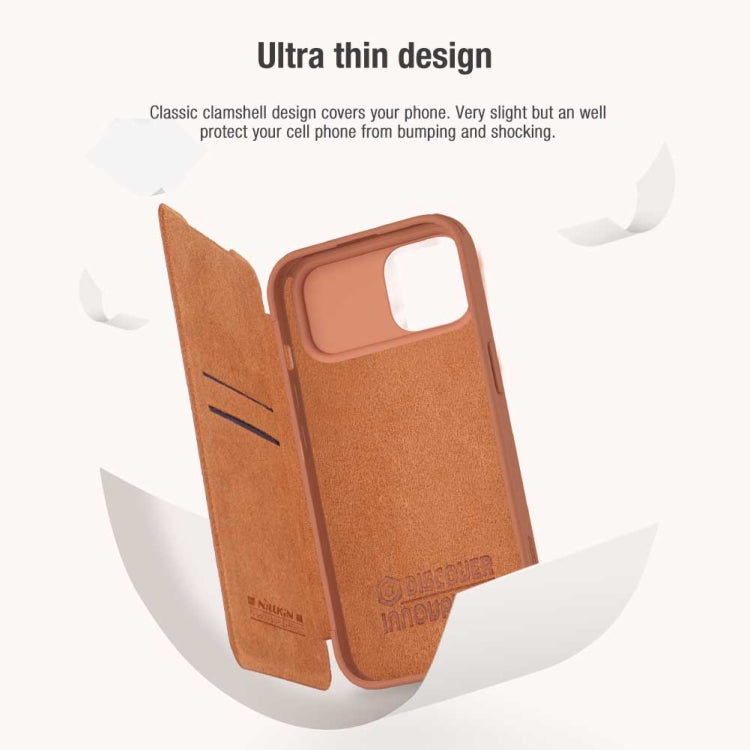 For iPhone 15 NILLKIN QIN Series Pro Sliding Camera Cover Design Leather Phone Case(Brown) - iPhone 15 Cases by NILLKIN | Online Shopping South Africa | PMC Jewellery