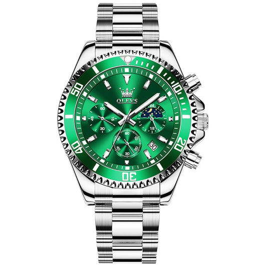 OLEVS 2870 Men Multifunctional Chronograph Three Eyes Waterproof Quartz Watch(Green + Silver) - Metal Strap Watches by OLEVS | Online Shopping South Africa | PMC Jewellery