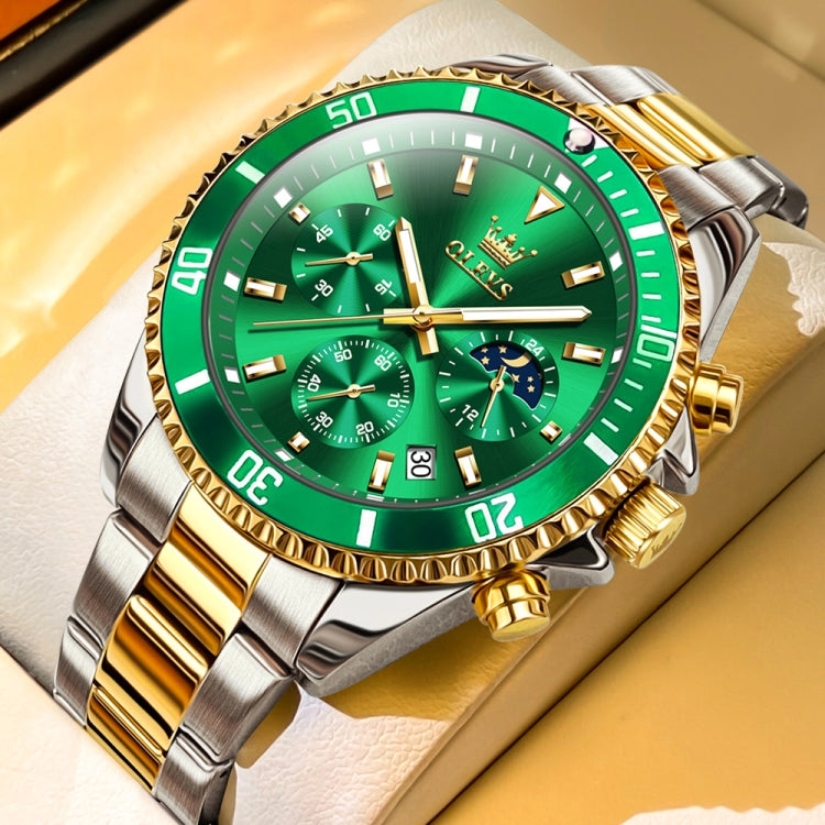 OLEVS 2870 Men Multifunctional Chronograph Three Eyes Waterproof Quartz Watch(Green + Gold) - Metal Strap Watches by OLEVS | Online Shopping South Africa | PMC Jewellery