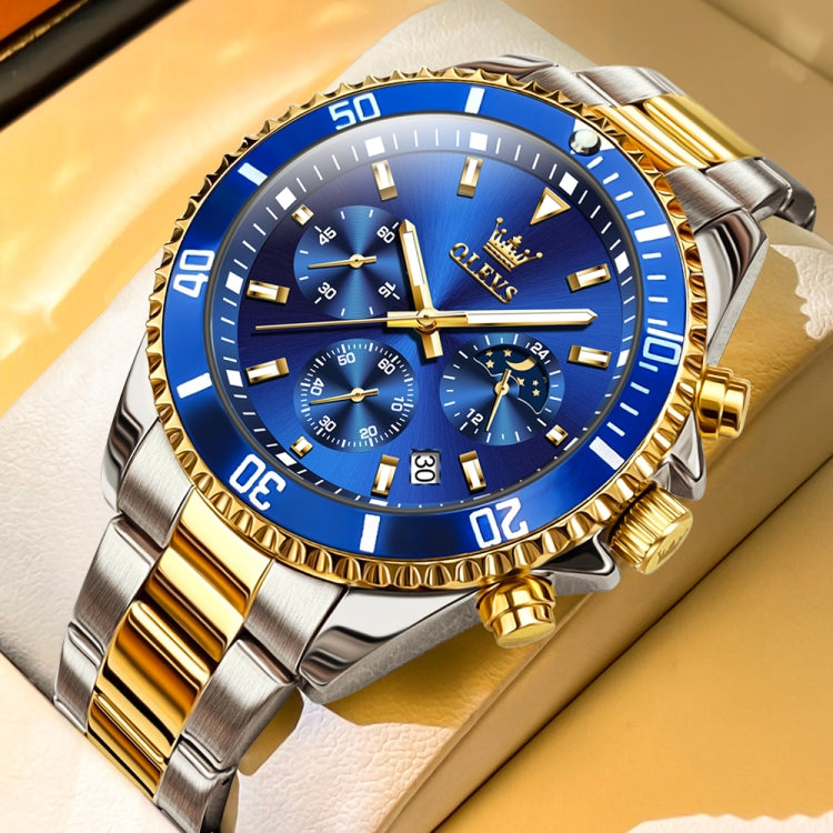 OLEVS 2870 Men Multifunctional Chronograph Three Eyes Waterproof Quartz Watch(Blue + Gold) - Metal Strap Watches by OLEVS | Online Shopping South Africa | PMC Jewellery