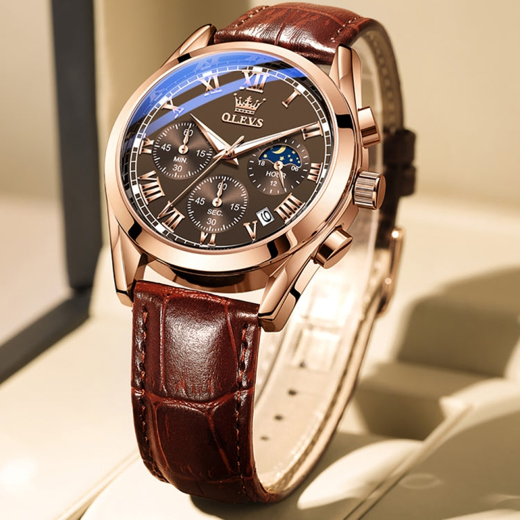 OLEVS 2871 Men Multifunctional Sports Chronograph Luminous Quartz Watch(Coffee + Rose Gold) - Leather Strap Watches by OLEVS | Online Shopping South Africa | PMC Jewellery