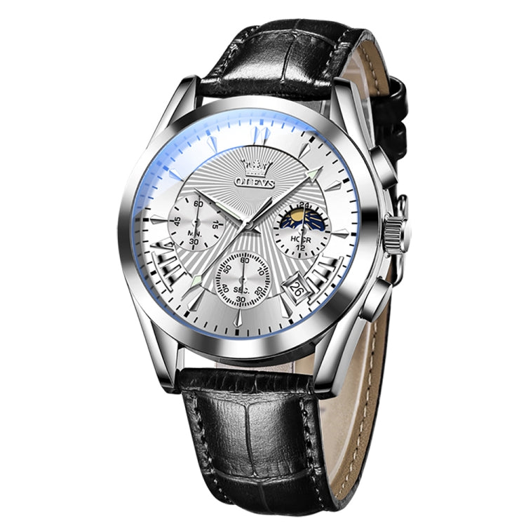 OLEVS 2876 Men Multifunctional Sports Chronograph Quartz Watch(White) - Leather Strap Watches by OLEVS | Online Shopping South Africa | PMC Jewellery | Buy Now Pay Later Mobicred