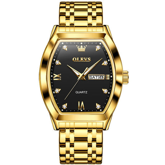 OLEVS 5528 Men Business Dual Calendar Wine Barrel Waterproof Quartz Watch(Black + Gold) - Metal Strap Watches by OLEVS | Online Shopping South Africa | PMC Jewellery