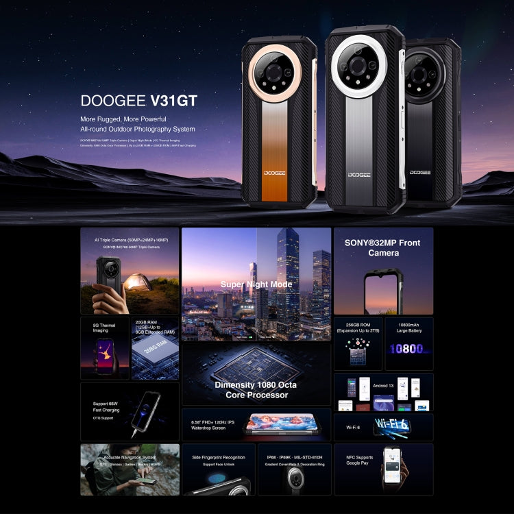 DOOGEE V31GT, 12GB+256GB, Thermal Imaging Camera, Side Fingerprint, 10800mAh Battery, 6.58 inch Android 13 Dimensity 1080 Octa Core, Network: 5G, OTG, NFC, Support Google Pay(Black) - DOOGEE by DOOGEE | Online Shopping South Africa | PMC Jewellery | Buy Now Pay Later Mobicred