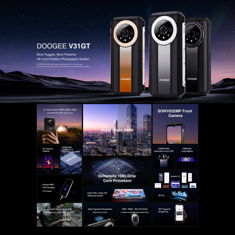 [HK Warehouse] DOOGEE V31GT, 12GB+256GB,  Thermal Imaging Camera, Side Fingerprint, 10800mAh Battery, 6.58 inch Android 13 Dimensity 1080 Octa Core, Network: 5G, OTG, NFC, Support Google Pay(Silver) - DOOGEE by DOOGEE | Online Shopping South Africa | PMC Jewellery