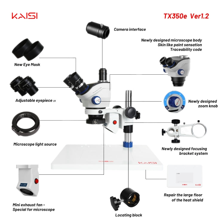 Kaisi TX-350E Ver1.2 7X-50X Microscope Zoom Stereo Microscope with Big Base - Microscope Magnifier Series by Kaisi | Online Shopping South Africa | PMC Jewellery | Buy Now Pay Later Mobicred