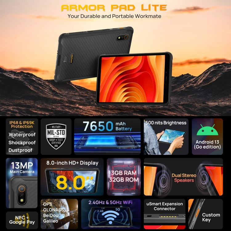 Ulefone Armor Pad Lite Rugged Tablet PC, 3GB+32GB, 8.0 inch Android 13 MediaTek MT8766 Quad Core(Black) - Other by Ulefone | Online Shopping South Africa | PMC Jewellery | Buy Now Pay Later Mobicred