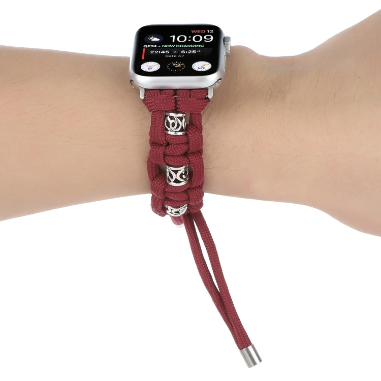 For Apple Watch Series 8 45mm Silk Silver Beads Braided Watch Band(Wine Red) - Watch Bands by PMC TechLife | Online Shopping South Africa | PMC TechLife