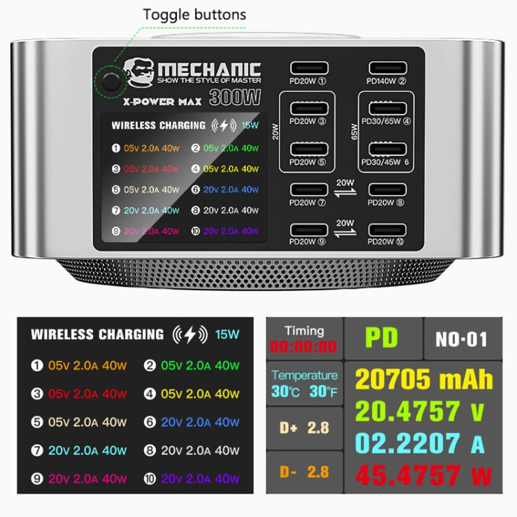 Mechanic X-Power Series Multiport Digital Display USB Charger Station with Wireless Charging, Total Power:150W(US Plug) - Dock Charger by MECHANIC | Online Shopping South Africa | PMC Jewellery | Buy Now Pay Later Mobicred