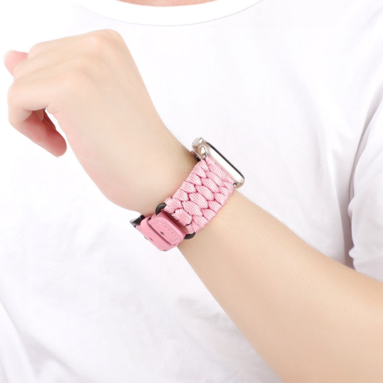 For Apple Watch SE 2023 44mm Plain Paracord Genuine Leather Watch Band(Pink) - Watch Bands by PMC TechLife | Online Shopping South Africa | PMC TechLife
