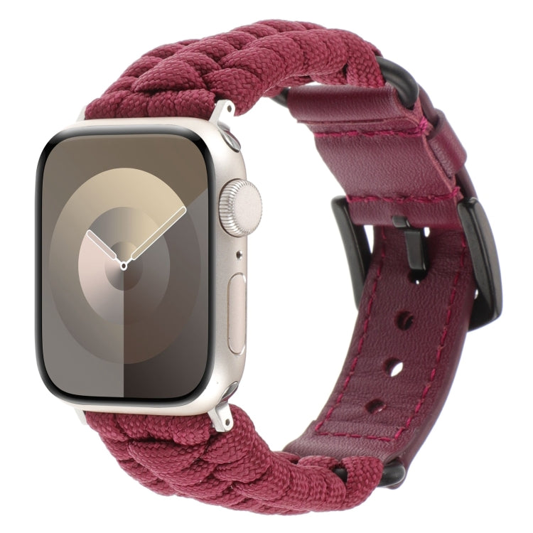 For Apple Watch Series 6 44mm Plain Paracord Genuine Leather Watch Band(Wine Red) - Watch Bands by PMC TechLife | Online Shopping South Africa | PMC TechLife