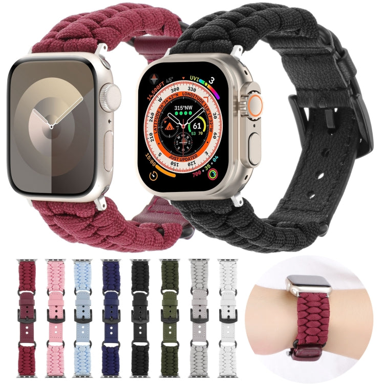 For Apple Watch SE 2023 44mm Plain Paracord Genuine Leather Watch Band(Pink) - Watch Bands by PMC TechLife | Online Shopping South Africa | PMC TechLife