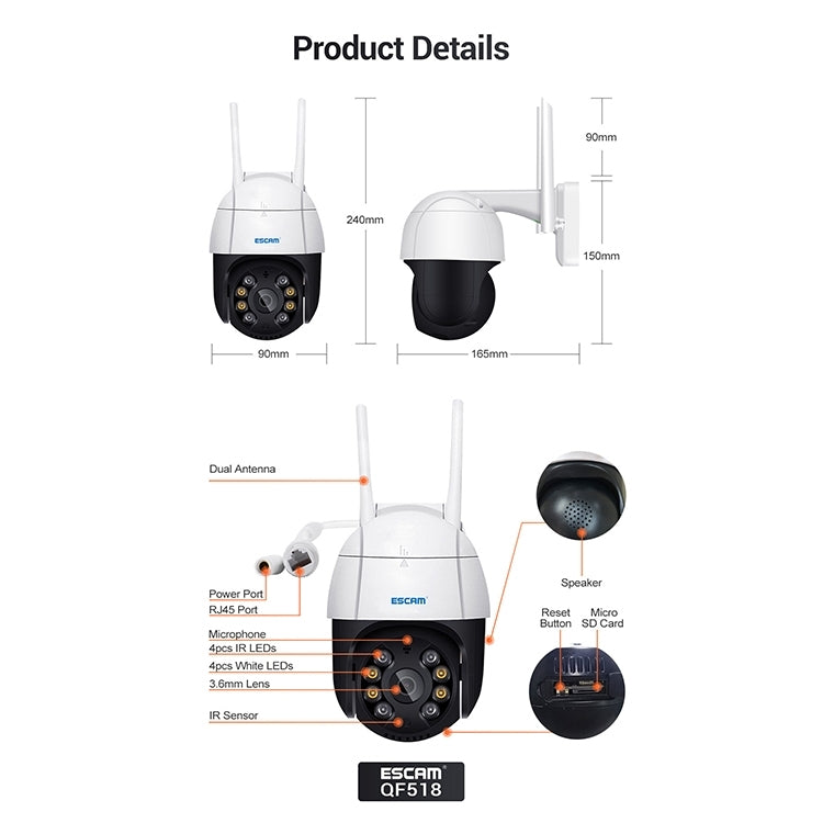 ESCAM QF518 5MP Smart WiFi IP Camera, Support AI Humanoid Detection / Auto Tracking / Dual Light Night Vision / Cloud Storage / Two Way Audio / TF Card, Plug:EU Plug(White) - free shipping - PMC TechLife - Order now!