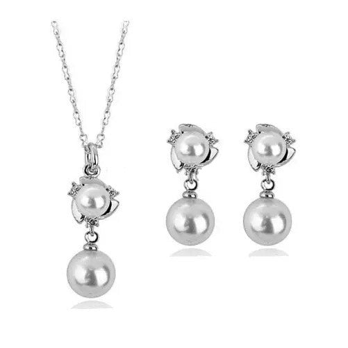925 Sterling Silver Plated Clear Crystal White Simulated Pearl Drop Set - Elegant jewelry set featuring shimmering clear crystals and lustrous simulated pearls. Made with high-quality 925 sterling silver plating. Perfect for special occasions or everyday wear.