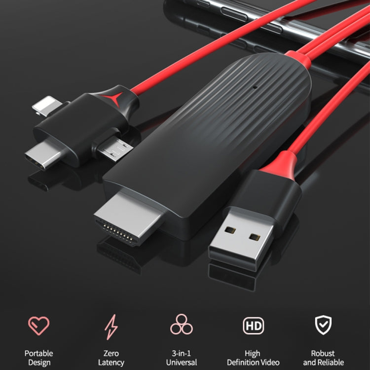 MiraScreen L7-8 3 in 1 8 Pin + Micro USB + USB-C / Type-C to HDMI Video Converter Cable, Cable Length: 2m - Video & Audio Cable by PMC TechLife | Online Shopping South Africa | PMC TechLife