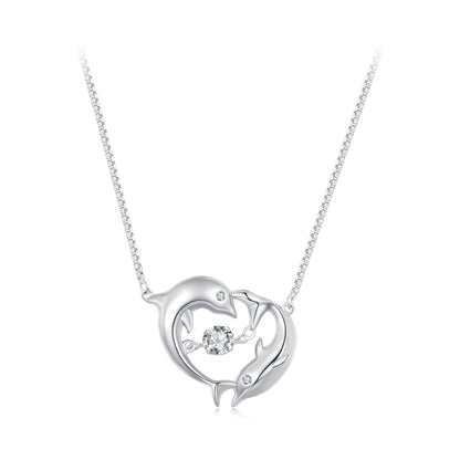 BSN340 Sterling Silver S925 White Gold Plated Zircon Cute Dolphin Necklace - Necklaces & Pendants by PMC Jewellery | Online Shopping South Africa | PMC Jewellery