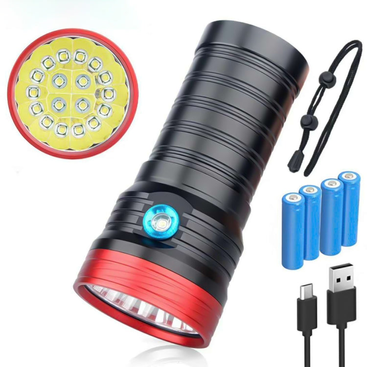 3 Gears, DB18 18xT6, Luminous Flux: 5400lm LED Flashlight, with 4 18650 Batteries (Red Black) - LED Flashlight by PMC Jewellery | Online Shopping South Africa | PMC Jewellery