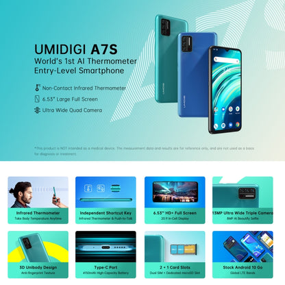 UMIDIGI A7S, 2GB+32GB, Infrared Thermometer, Triple Back Cameras, 4150mAh Battery, Face Identification, 6.53 inch Android 10 MTK6737 Quad Core up to 1.25GHz, Network: 4G, OTG(Grey) - UMIDIGI by UMIDIGI | Online Shopping South Africa | PMC Jewellery | Buy Now Pay Later Mobicred