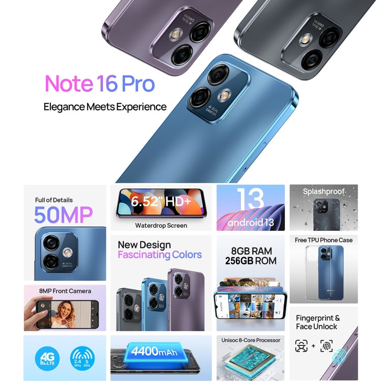 [HK Warehouse] Ulefone Note 16 Pro, 8GB+256GB, Dual Back Cameras, Face ID & Side Fingerprint Identification, 4400mAh Battery, 6.52 inch Android 13 Unisoc T606 Octa Core up to 1.6GHz, Network: 4G, Dual SIM, OTG (Blue) - Ulefone by Ulefone | Online Shopping South Africa | PMC Jewellery