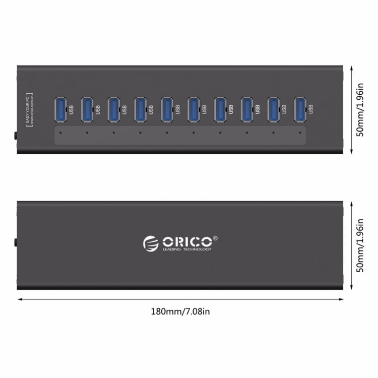 ORICO A3H10 Aluminum High Speed 10 Ports USB 3.0 HUB with Power Adapter for Laptops(Black) - USB 3.0 HUB by ORICO | Online Shopping South Africa | PMC Jewellery | Buy Now Pay Later Mobicred