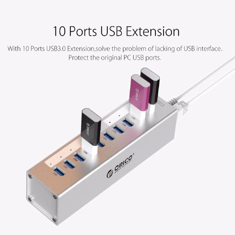 ORICO A3H10 Aluminum High Speed 10 Ports USB 3.0 HUB with Power Adapter for Laptops(Black) - USB 3.0 HUB by ORICO | Online Shopping South Africa | PMC Jewellery | Buy Now Pay Later Mobicred