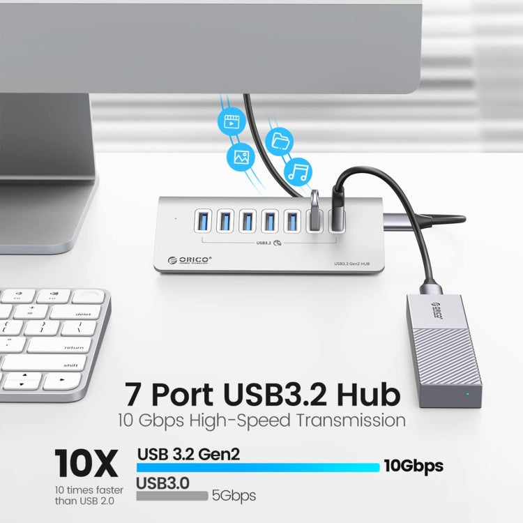 ORICO M3U7-G2 Aluminum Alloy 7-Port USB 3.2 Gen2 10Gbps HUB with 1m Cable (Silver) - USB 3.0 HUB by ORICO | Online Shopping South Africa | PMC Jewellery | Buy Now Pay Later Mobicred