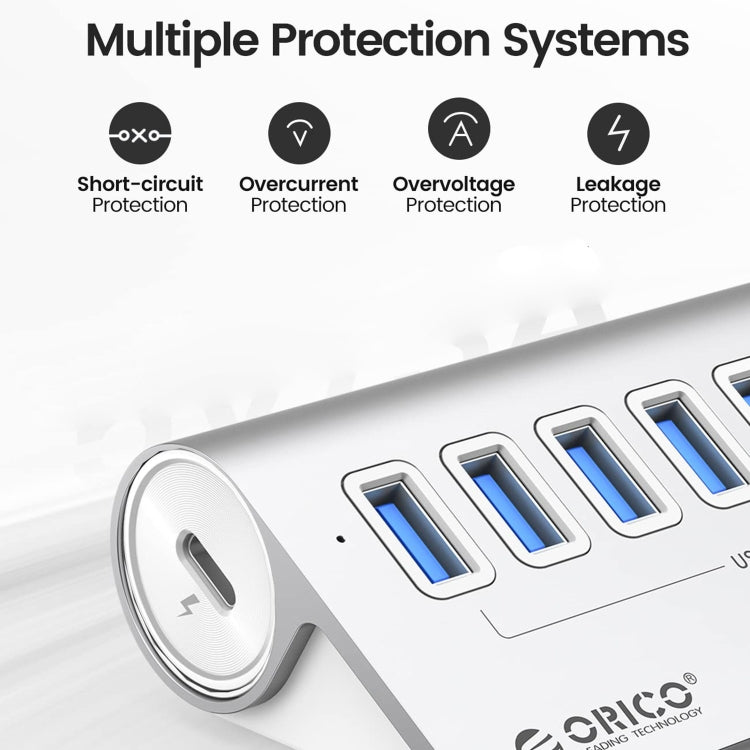 ORICO M3U7-G2 Aluminum Alloy 7-Port USB 3.2 Gen2 10Gbps HUB with 1m Cable (Silver) - USB 3.0 HUB by ORICO | Online Shopping South Africa | PMC Jewellery | Buy Now Pay Later Mobicred