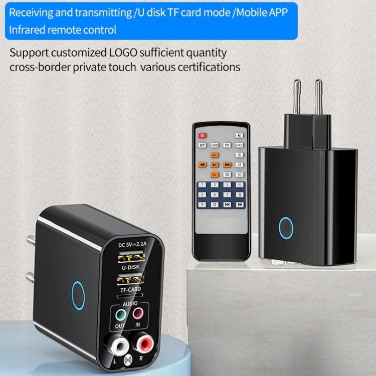 K16 2 in 1 3.5mm AUX + RAC Dual Output Plug-in Bluetooth 5.0 Audio Transmitter Receiver with Remote Control, EU Plug (Black) - Audio Receiver Transmitter by PMC TechLife | Online Shopping South Africa | PMC TechLife