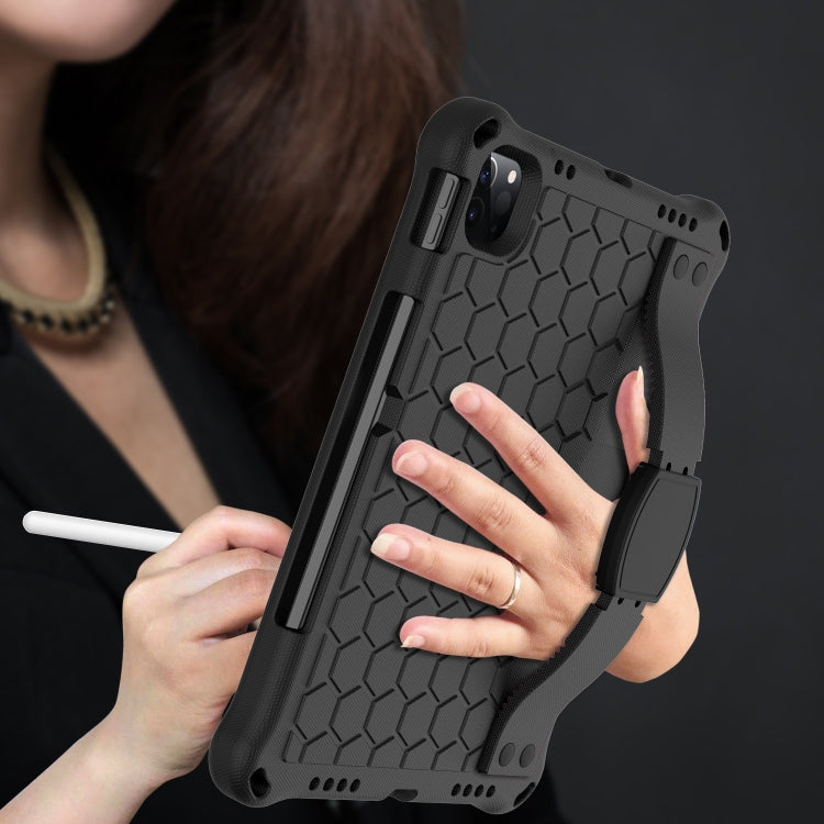 For iPad Air 2022 / 2020 10.9 Honeycomb Design EVA + PC Material Four Corner Anti Falling Flat Protective Shell with Strap(Black+Black) - iPad Air (2022) / (2020) 10.9 Cases by PMC TechLife | Online Shopping South Africa | PMC TechLife