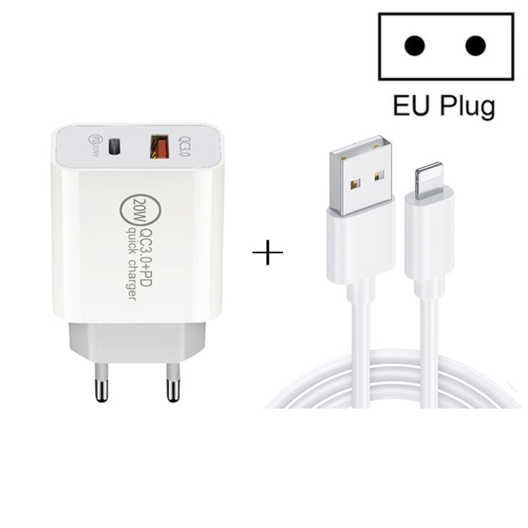 20W PD Type-C + QC 3.0 USB Interface Fast Charging Travel Charger with USB to 8 Pin Fast Charge Data Cable EU Plug - USB Charger by PMC TechLife | Online Shopping South Africa | PMC TechLife