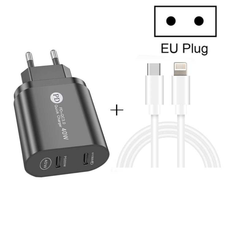 002 40W Dual Port PD / Type-C Fast Charger with USB-C to 8 Pin Data Cable, EU Plug(Black) - free shipping - PMC TechLife - Order now!
