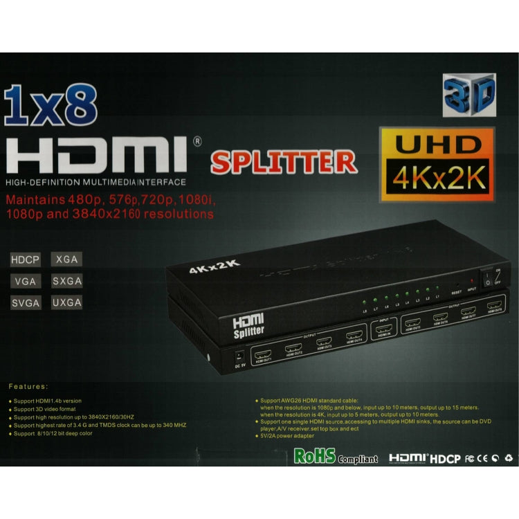 1 x 8 4K x 2K 3840*2160/30HZ HDMI Splitter - Splitter by PMC TechLife | Online Shopping South Africa | PMC TechLife