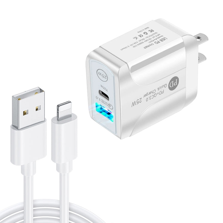 PD25W USB-C / Type-C + QC3.0 USB Dual Ports Fast Charger with USB to 8 Pin Data Cable, US Plug(White) - USB Charger by PMC Jewellery | Online Shopping South Africa | PMC Jewellery