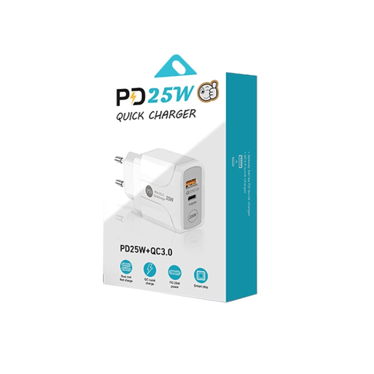PD25W USB-C / Type-C + QC3.0 USB Dual Ports Fast Charger with USB to 8 Pin Data Cable, EU Plug(White) - free shipping - PMC TechLife - Order now!
